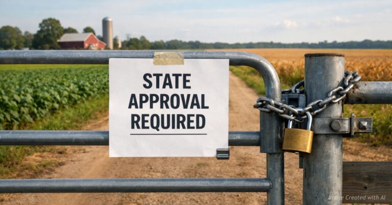 Locked farm gate with approval sign symbolizing regulatory control