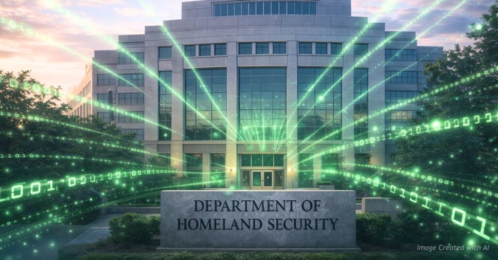 Department of Homeland Security building with visible data streams running into it.