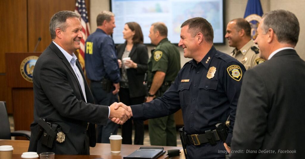 Federal and local law enforcement officials shake hands after a coordination meeting in Minnesota.