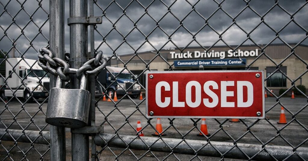 Locked gate with Closed sign at truck driving school training yard