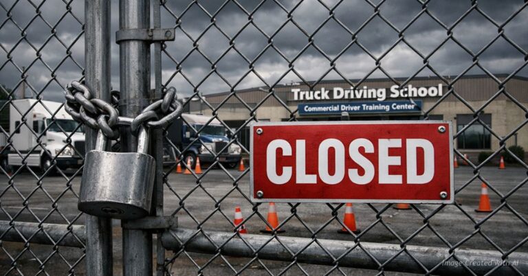 Locked gate with Closed sign at truck driving school training yard