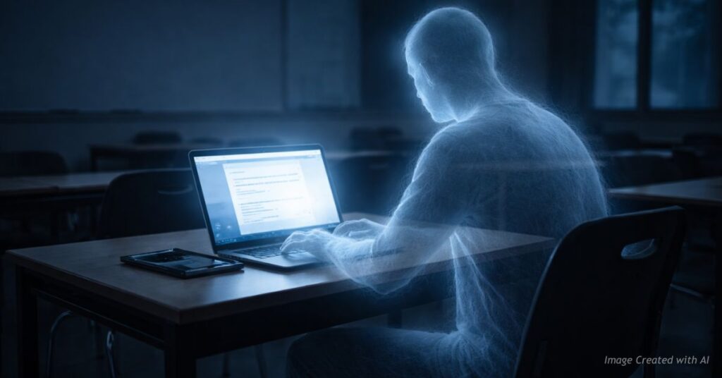 Ghostlike student figure at laptop symbolizing financial aid fraud in Colorado colleges