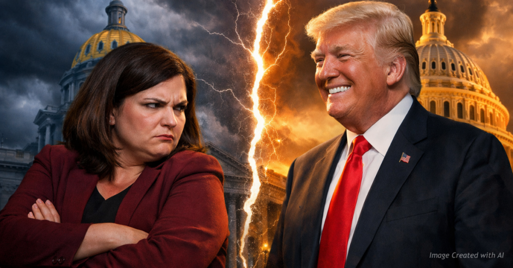 Griswold and Trump face off with Colorado and U.S. Capitols split by lightning.