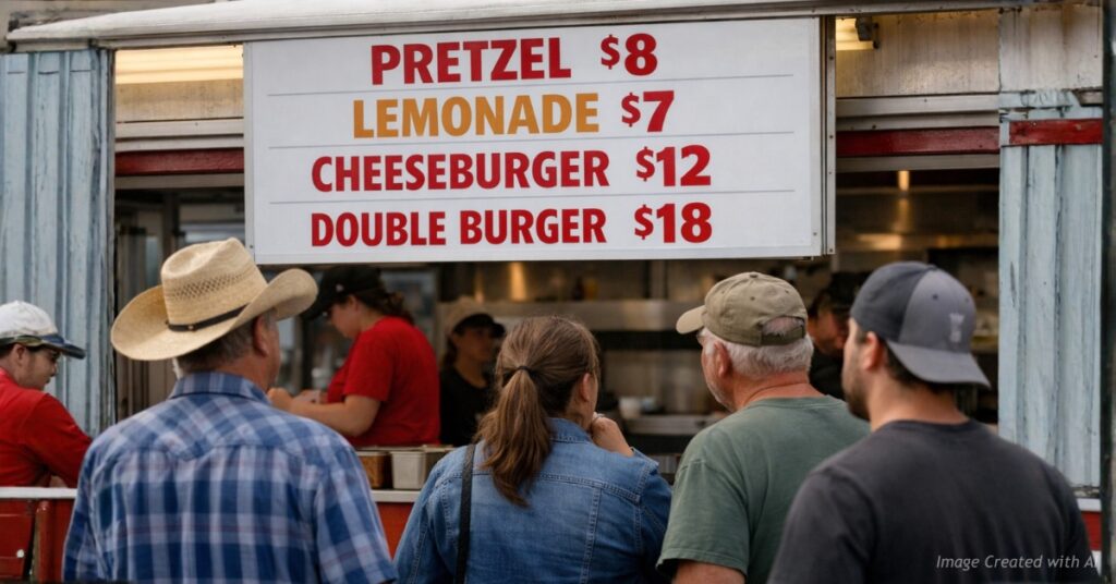 County fair concession stand with visible food prices and people waiting in line