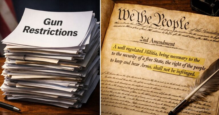 Stack of gun bills contrasted with the Second Amendment text