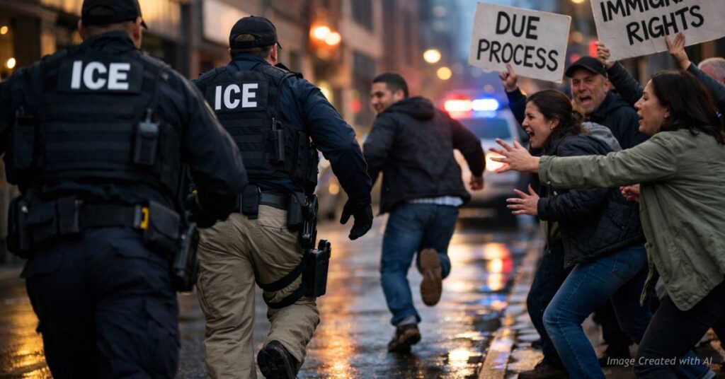 ICE agents pursue suspect as immigration protesters attempt to interfere on downtown street at dusk.