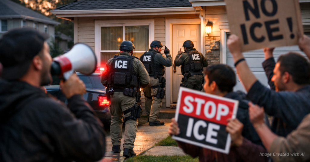 ICE agents approach a suburban home as anti-ICE protesters shout and use a bullhorn to interfere with the arrest.