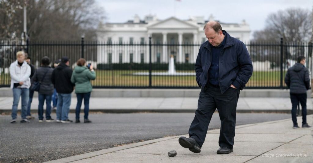 Gov. Jared Polis walks outside White House fence kicking rock as tourists look on in Washington