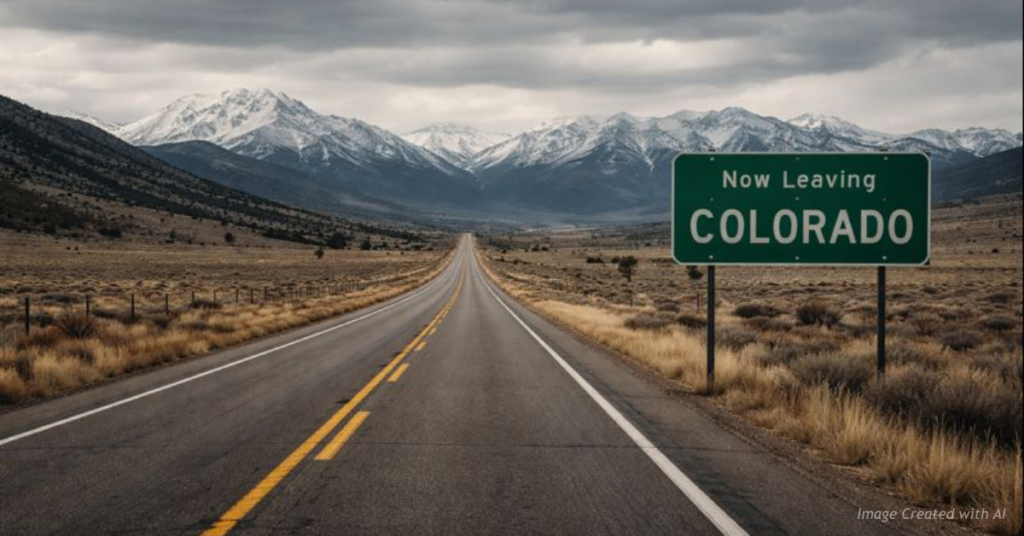 Empty highway leaving Colorado symbolizing population migration