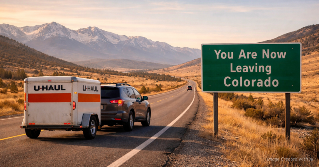 SUV pulling a U-Haul trailer passes a “You Are Now Leaving Colorado” sign on a Colorado highway.