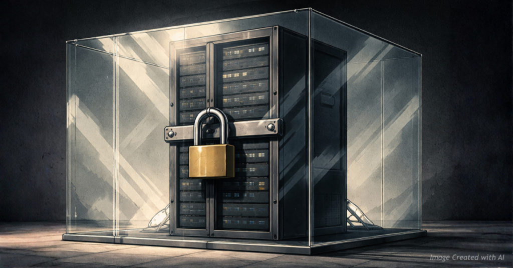 Locked election server representing restricted access to voting software