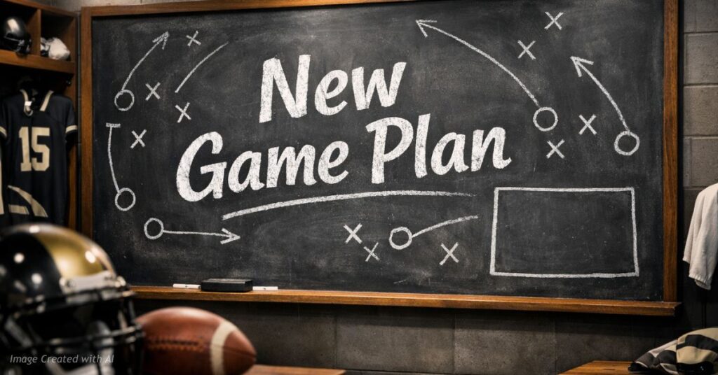 Locker room chalkboard reading New Game Plan for Colorado politics