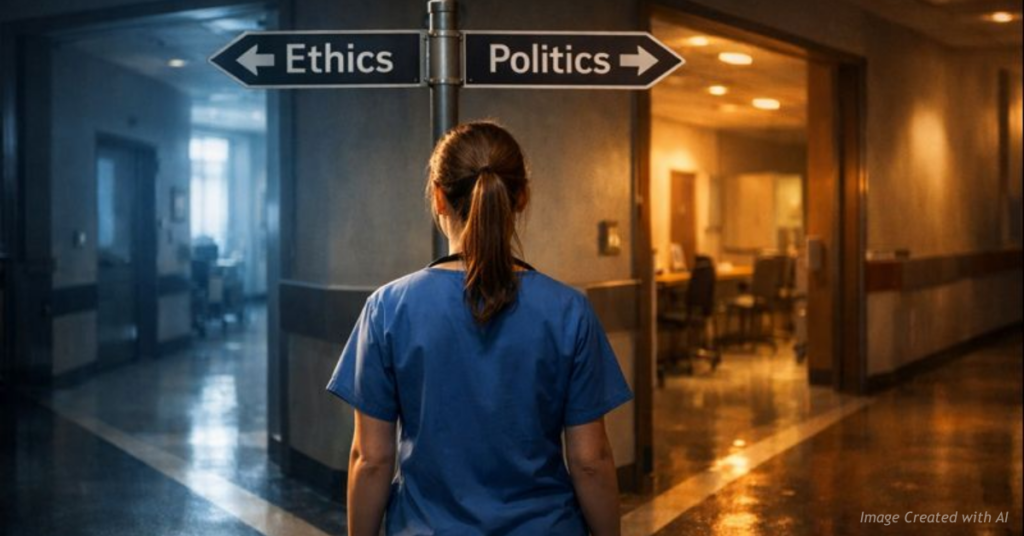 Nurse facing a choice between ethics and politics