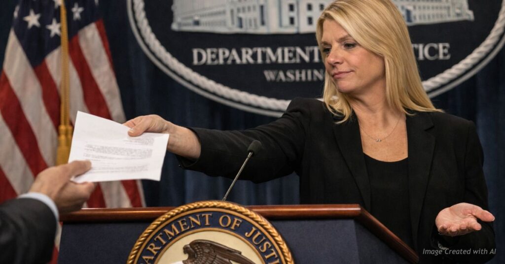 Pam Bondi at DOJ podium extending a document to an unseen recipient with a resigned expression