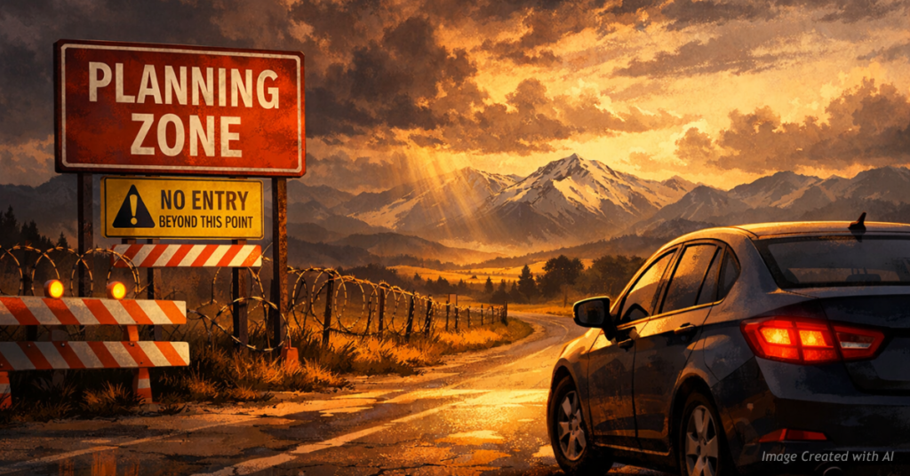 Car facing a symbolic roadblock representing government planning