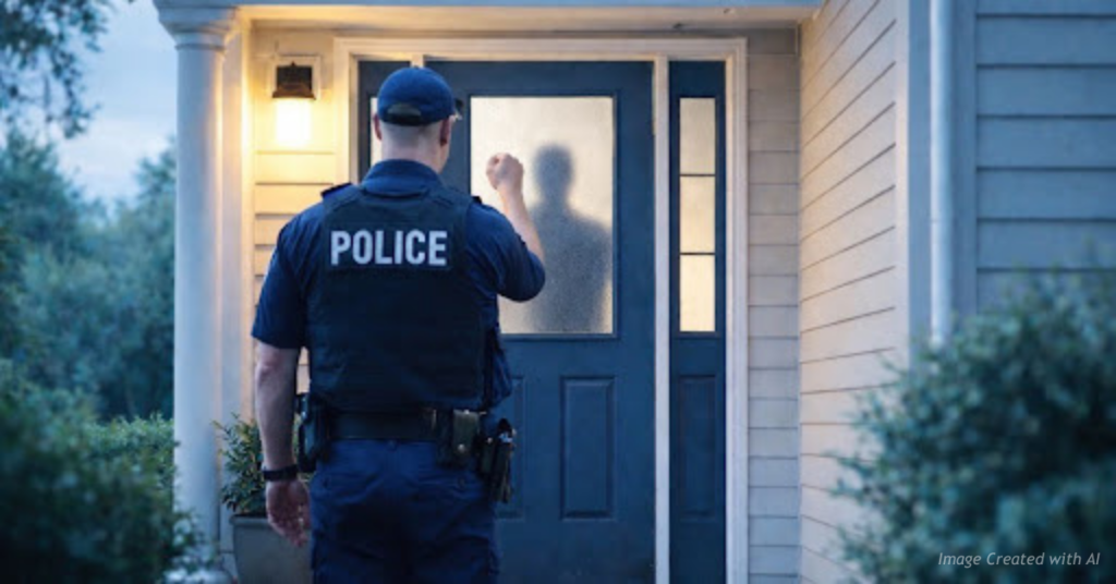Police officer knocking on a front door, symbolizing enforcement of Colorado’s expanded red flag law