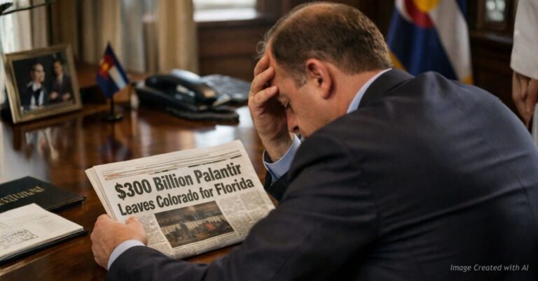 Gov. Jared Polis holds newspaper on Palantir leaving Colorado, appearing concerned in his Capitol office.