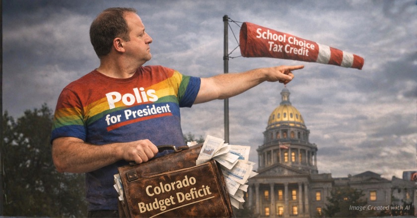 Jared Polis checks political winds as budget papers spill from a briefcase outside the Colorado Capitol.