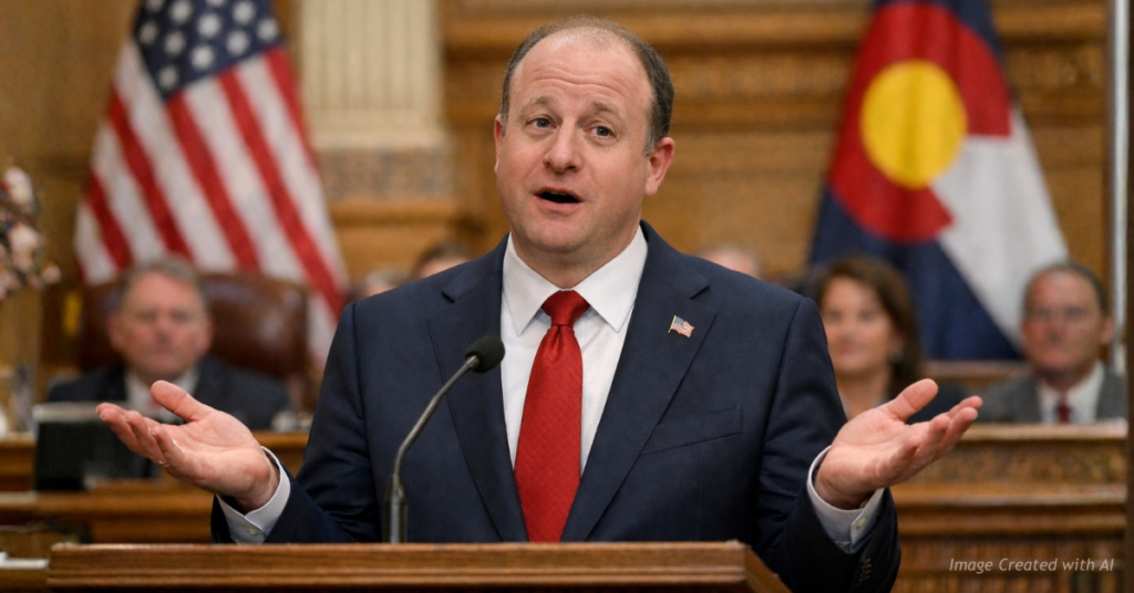 Governor Jared Polis gestures at the podium before the Colorado legislature as lawmakers revisit a vetoed union bill.