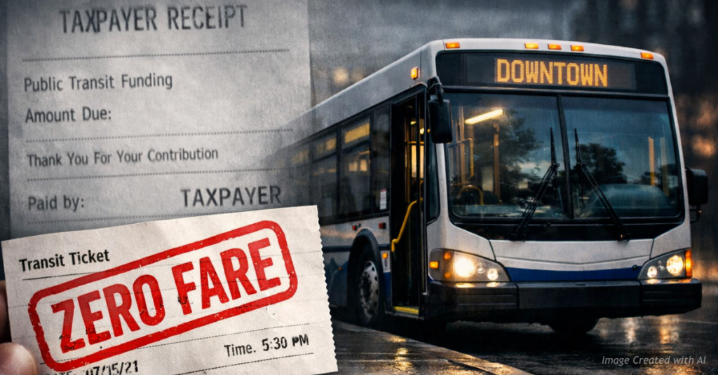 Zero-fare transit ticket stamped over a bus stop, hinting that someone else still pays the cost