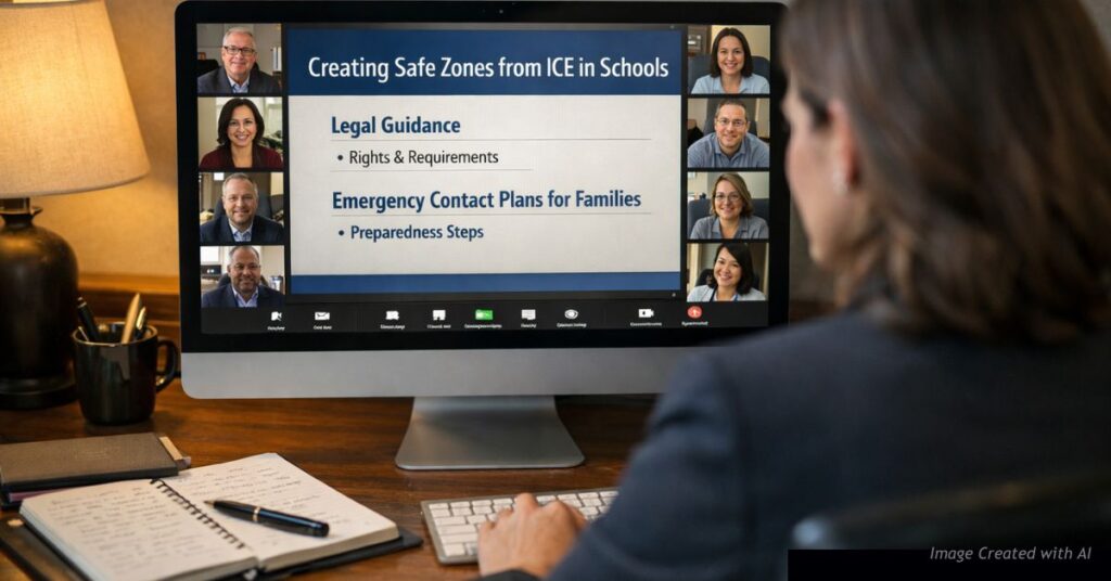 School administrator watches Zoom training on creating school safe zones and legal guidance for ICE encounters.