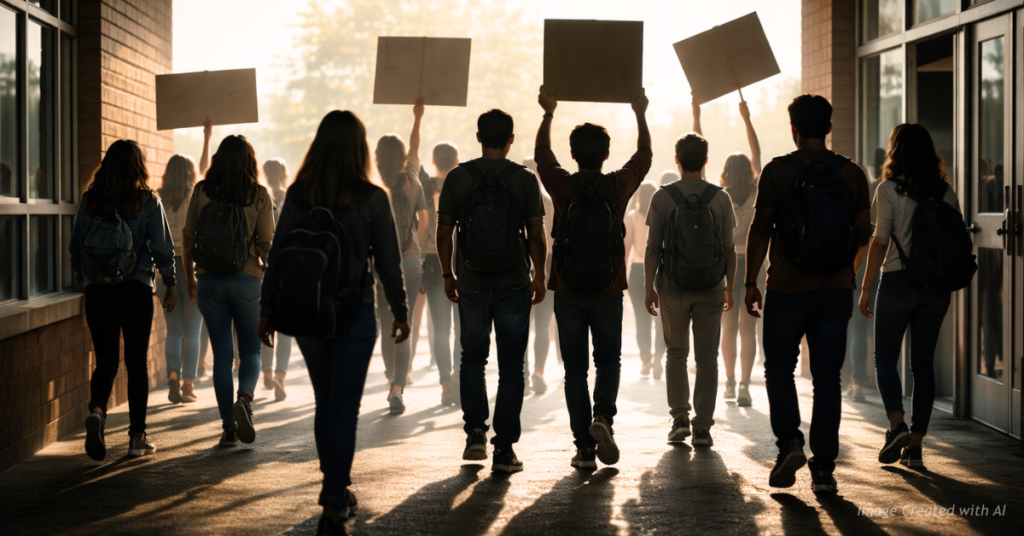 Silhouetted students exiting a school building during a protest walkout.