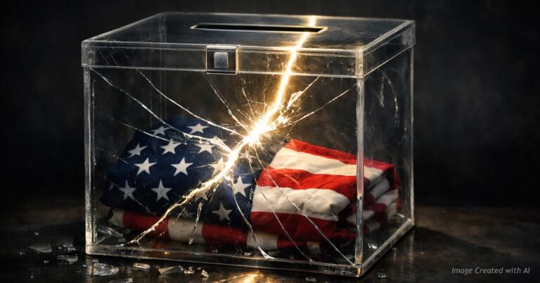 Cracked ballot box with American flag inside symbolizing fractured election trust