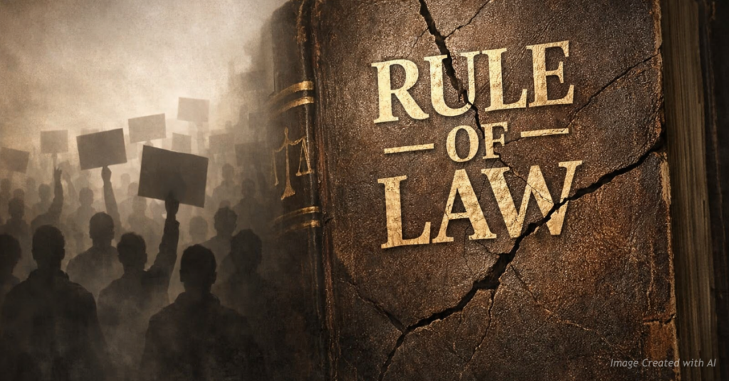 Protest crowd fading into cracked law book symbolizing tension between activism and legal order