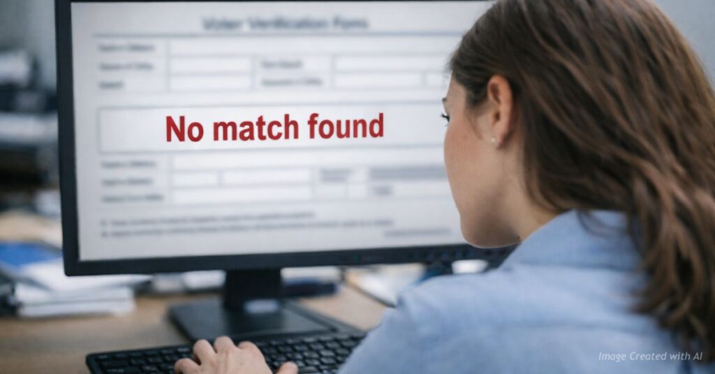 Woman reviewing voter verification screen showing bold red No match found alert