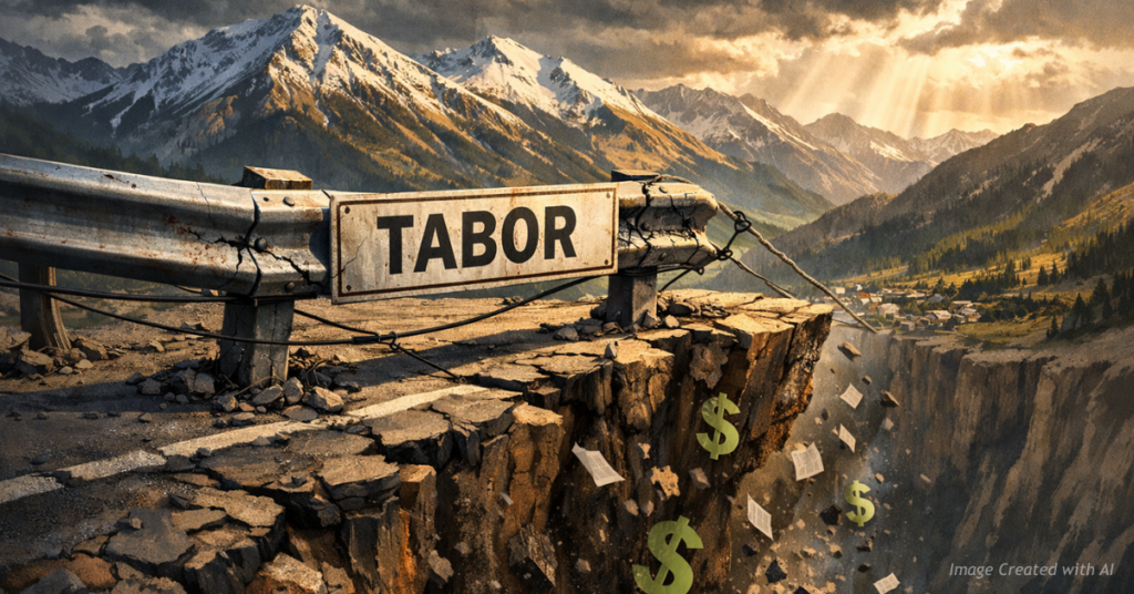 Cracked guardrail labeled TABOR holding back Colorado budget cliff