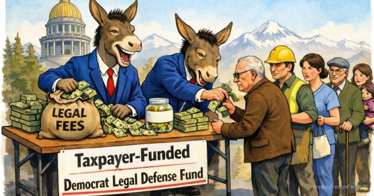 Cartoon donkeys collect taxpayer money at a table labeled Taxpayer Funded Democrat Legal Defense Fund