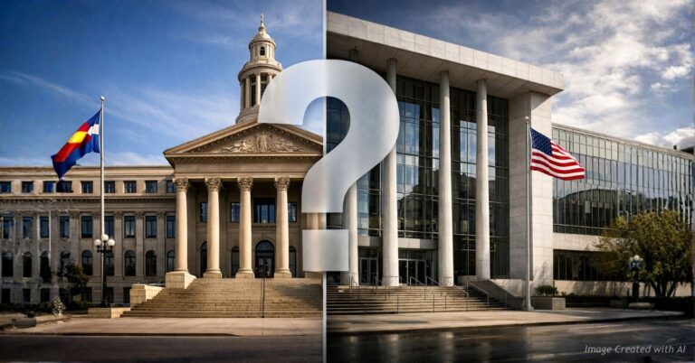Split state and federal courthouses with a large question mark symbolizing unresolved legal issue