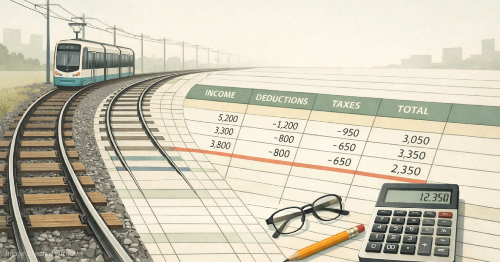 Transit line merging into tax ledger symbolizing taxpayer-funded projects
