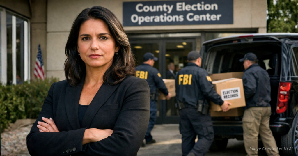 Tulsi Gabbard stands resolute as FBI agents remove election records from a Georgia election facility.