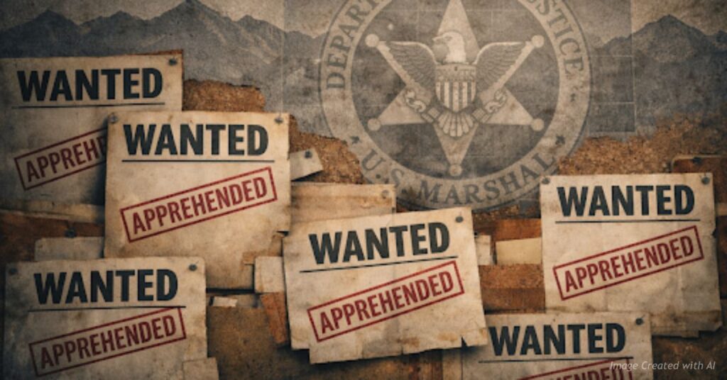 Illustration showing multiple “Wanted” posters stamped “Apprehended” in front of a U.S. Marshals Service emblem