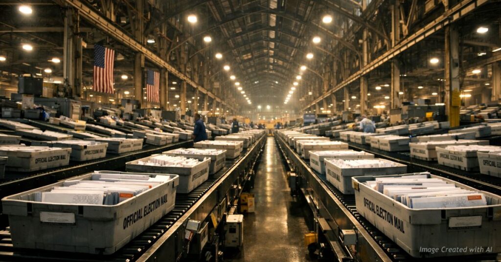 Massive USPS sorting facility handling trays labeled Official Election Mail.
