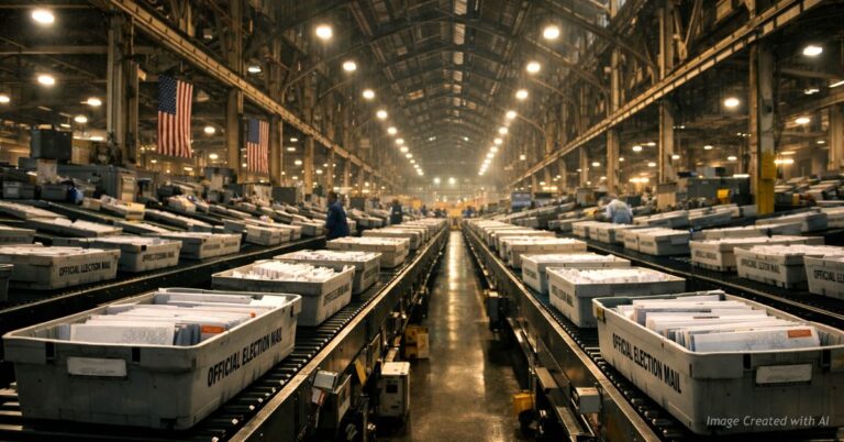 Massive USPS sorting facility handling trays labeled Official Election Mail.