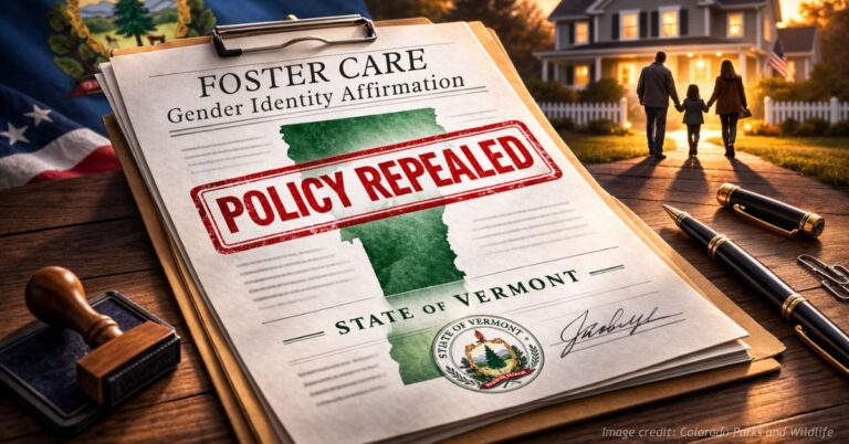 Foster care application stamped Policy Repealed with Vermont outline in background