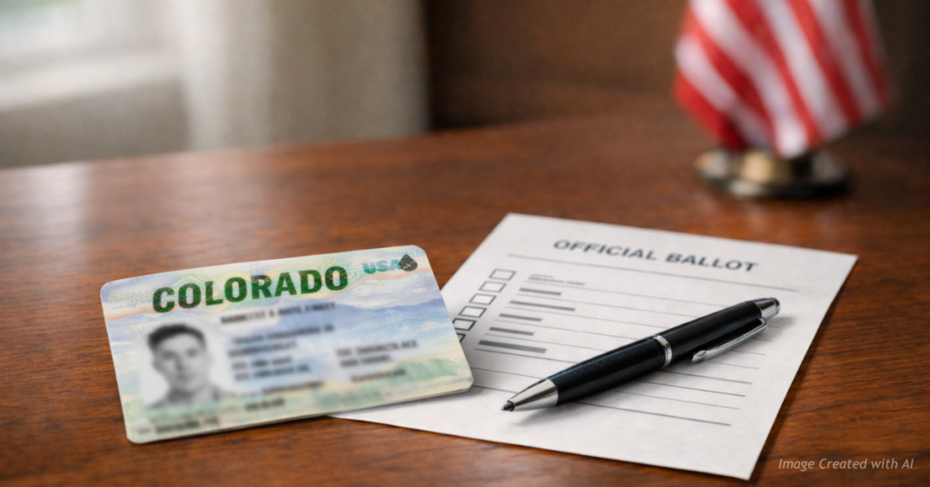 Voter identification card and paper ballot arranged on a table symbolizing election integrity standards