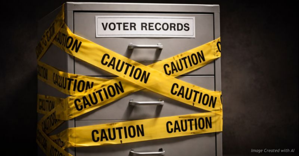 Caution tape wrapped around a filing cabinet labeled voter records