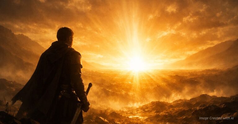 Silhouetted warrior turning toward radiant light source
