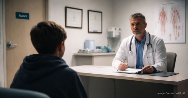 Teen sits alone beside empty chair during medical consultation with doctor in clinical exam room.