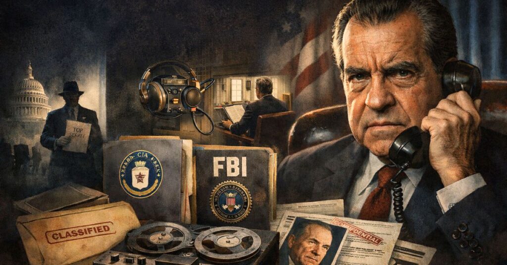 Capitol and Pentagon in shadow overlaid with classified documents symbolizing Watergate era espionage.