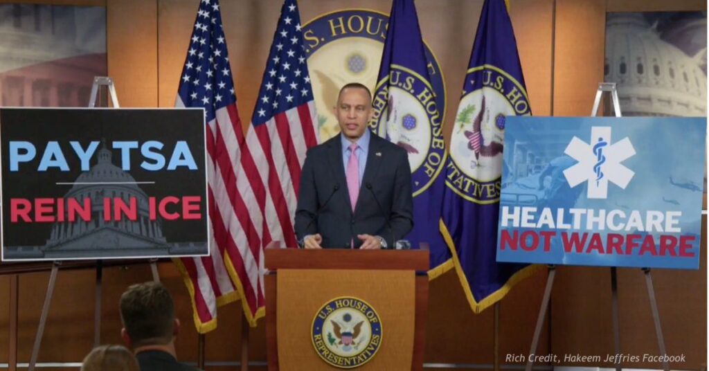 Hakeem Jeffries at the podium, talking about ICE, TSA, health care, and the war.