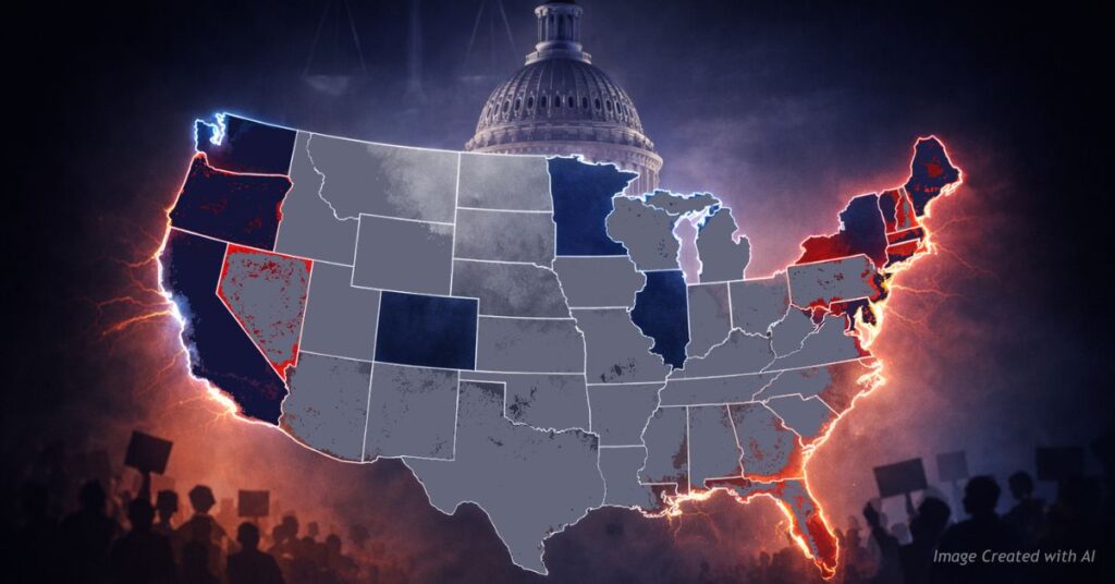 High-contrast U.S. map highlighting 13 states under federal abortion mandate review