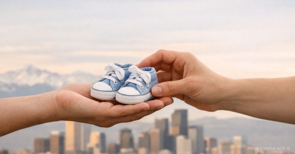 Hands exchanging baby shoes symbolizing adoption and new beginnings.