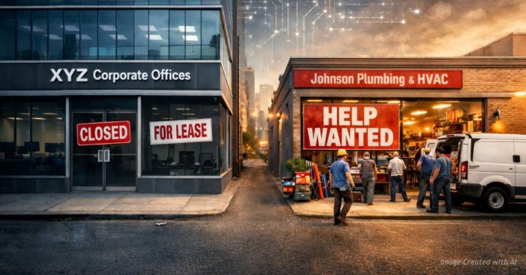 Closed corporate office with for lease sign contrasts with busy plumbing shop displaying a large help wanted sign.