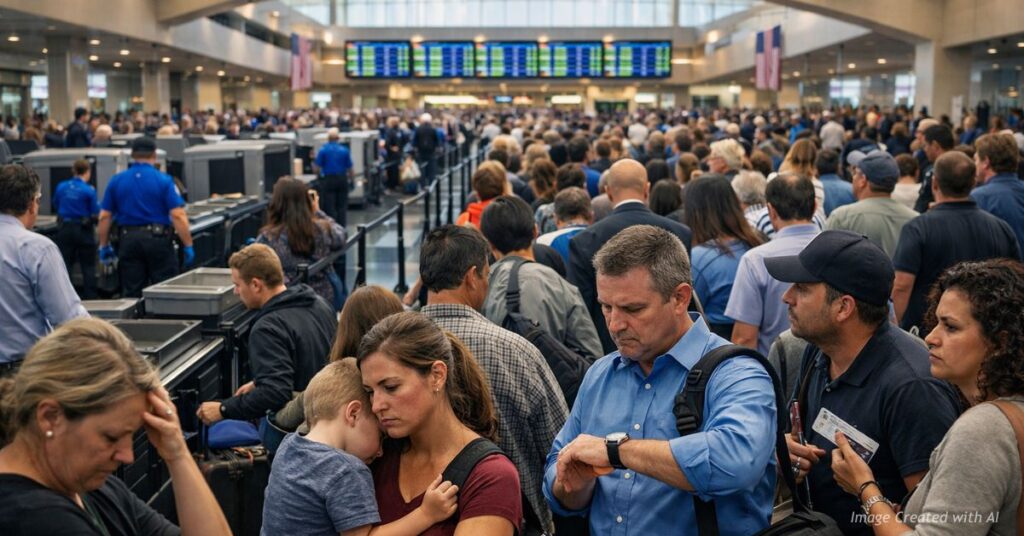 Crowded TSA checkpoint with long lines and frustrated travelers at U.S. airport