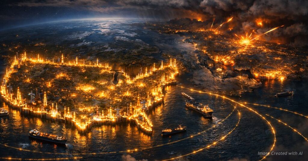 Illustration of the United States as an energy fortress during global oil turmoil.