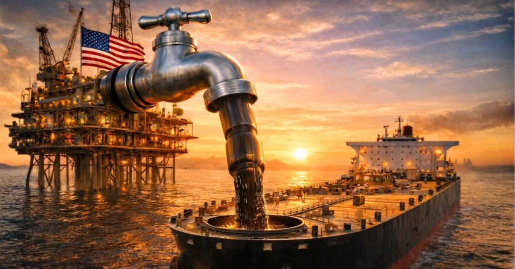 Offshore oil rig with American flag pours oil from giant faucet into tanker ship at sunset, symbolizing increased U.S. energy supply.